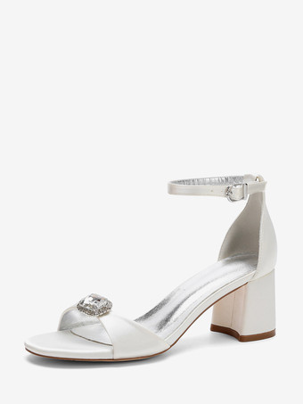 elfenbeinweißElfenbeinfarbene Brautschuhe aus Satin mit Strasssteinen Blockabsatz und Knöchelriemen