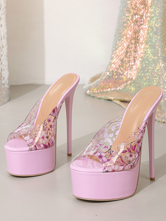 Pinke sexy Sandalen für Damen Plateau offene Zehenpartie floral bedruckt High Heel-Slipper