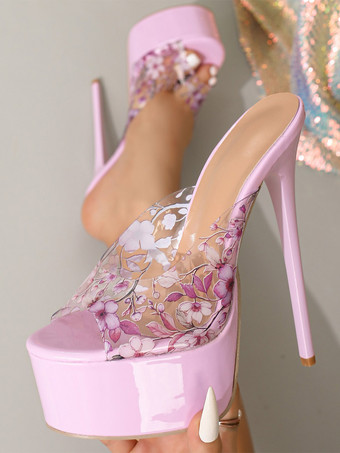 Pinke sexy Sandalen für Damen Plateau offene Zehenpartie floral bedruckt High Heel-Slipper