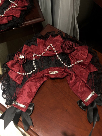 Bonnet Gothic Lolita en dentelle avec nœud rose et chaîne de perles accessoire de coiffure vintage Dark Lolita