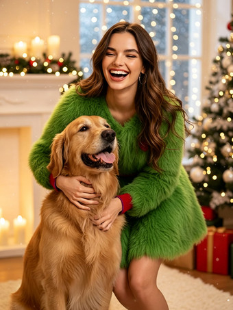 Weihnachtskostüm für Damen bedrucktes langärmeliges grünes Kleid