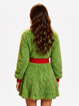 Weihnachtskostüm für Damen bedrucktes langärmeliges grünes Kleid