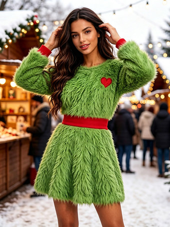 Weihnachtskostüm für Damen bedrucktes langärmeliges grünes Kleid