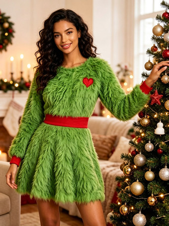 Weihnachtskostüm für Damen bedrucktes langärmeliges grünes Kleid