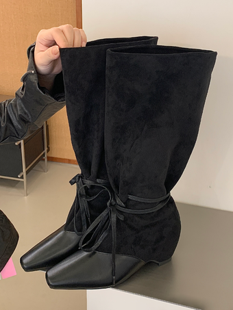 Schwarze mittelhohe Damenstiefel mit eckiger Zehenpartie Patchwork-Schnürung und lässigem Schnitt