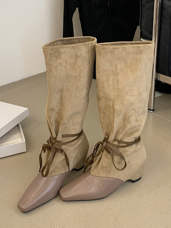 olivgrünSchwarze mittelhohe Damenstiefel mit eckiger Zehenpartie Patchwork-Schnürung und lässigem Schnitt