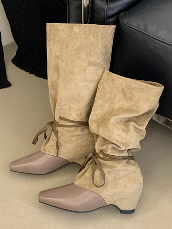 Schwarze mittelhohe Damenstiefel mit eckiger Zehenpartie Patchwork-Schnürung und lässigem Schnitt