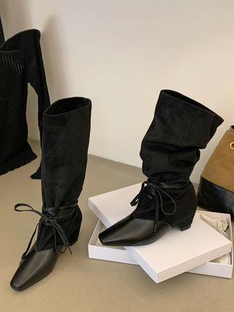 Schwarze mittelhohe Damenstiefel mit eckiger Zehenpartie Patchwork-Schnürung und lässigem Schnitt