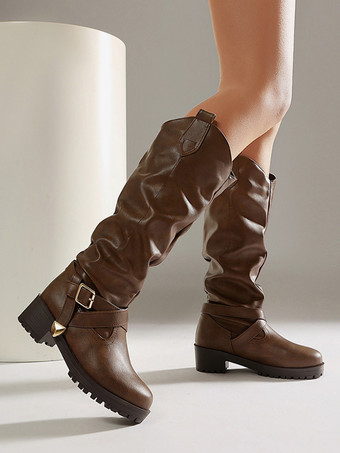 Damen-Flachstiefel mit runder Zehenpartie Chukle-Detail kniehoch