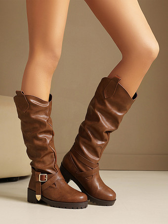 Damen-Flachstiefel mit runder Zehenpartie Chukle-Detail kniehoch