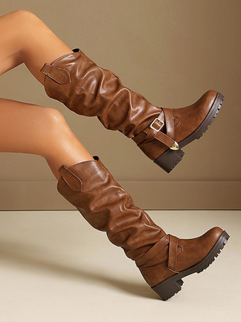 Damen-Flachstiefel mit runder Zehenpartie Chukle-Detail kniehoch
