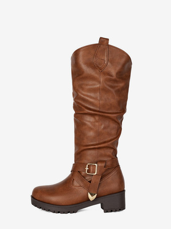Damen-Flachstiefel mit runder Zehenpartie Chukle-Detail kniehoch