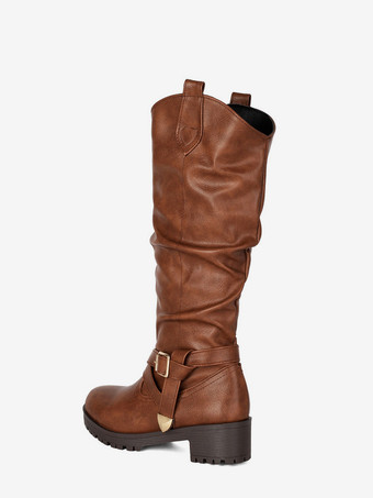 Damen-Flachstiefel mit runder Zehenpartie Chukle-Detail kniehoch