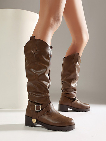 DunkelbraunDamen-Flachstiefel mit runder Zehenpartie Chukle-Detail kniehoch