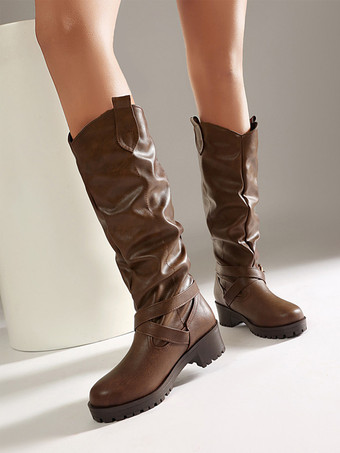 Damen-Flachstiefel mit runder Zehenpartie Chukle-Detail kniehoch