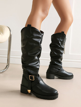 SchwarzDamen-Flachstiefel mit runder Zehenpartie Chukle-Detail kniehoch