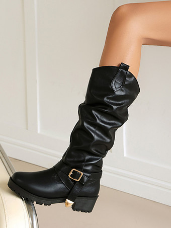 Damen-Flachstiefel mit runder Zehenpartie Chukle-Detail kniehoch