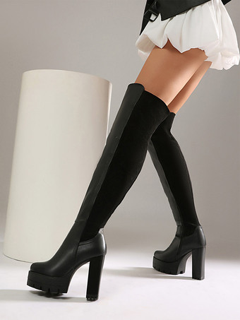 Schwarze Overknee-Stiefel mit Plateau runder Zehenpartie und Blockabsatz