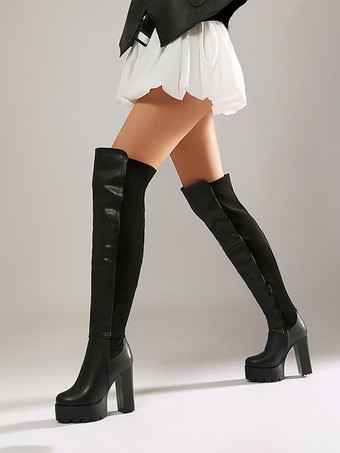 Schwarze Overknee-Stiefel mit Plateau runder Zehenpartie und Blockabsatz