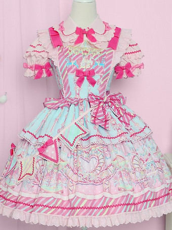 Robe Sweet Lolita JSK rose à imprimé dessin animé ourlet à volants et nœud décoratif jupe courte kawaii