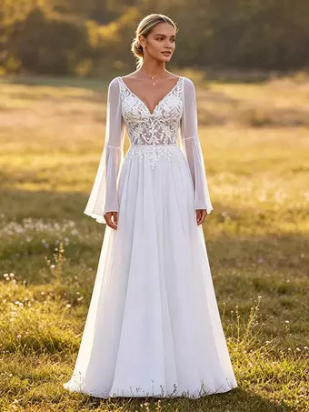 boho lace a line wedding dress Gowns A-Line With Detachable Long Sleeves V-Neck Bridal Gowns Size:16/32 and a flowing A Model Verena Light Blue Corset Lace