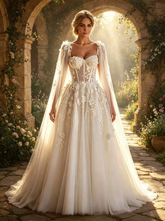 elfenbeinweißVintage-Brautkleid mit Schleppe A-Linie Tüll Brautkleider mit Herzausschnitt