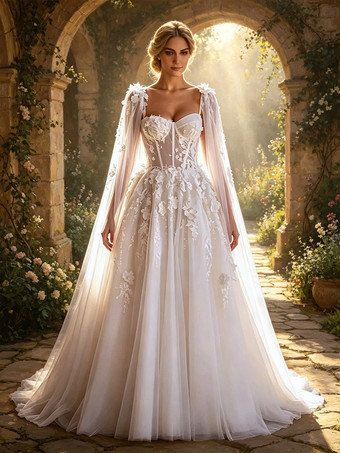 WeißVintage-Brautkleid mit Schleppe A-Linie Tüll Brautkleider mit Herzausschnitt