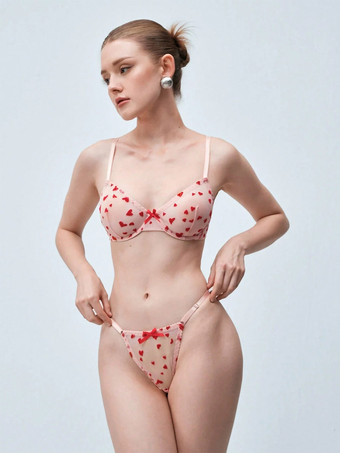 BH-Set Dessous rosa Herzchenmuster Bügel-Tanga süße und sexy Dessous Nachtwäsche