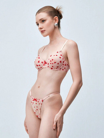 BH-Set Dessous rosa Herzchenmuster Bügel-Tanga süße und sexy Dessous Nachtwäsche