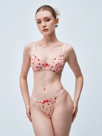 BH-Set Dessous rosa Herzchenmuster Bügel-Tanga süße und sexy Dessous Nachtwäsche