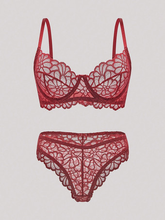 BurgunderrotBH-Set Dessous weiß-rosa Spitze Bügel-Höschen sexy transparent Nachtwäsche
