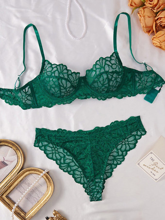 Grün BH-Set Dessous weiß-rosa Spitze Bügel-Höschen sexy transparent Nachtwäsche