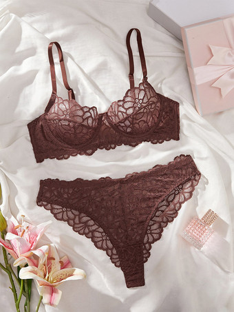 DunkelbraunBH-Set Dessous weiß-rosa Spitze Bügel-Höschen sexy transparent Nachtwäsche