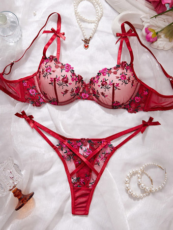 BurgunderrotBH-Set Dessous rosa mit Blumenmuster Bügel-Tanga sexy Schleife Nachtwäsche