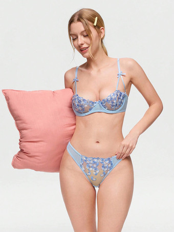 BH-Set Dessous hellblaue Spitze mit Blumenstickerei Bügel-Höschen Nachtwäsche