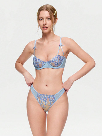 BH-Set Dessous hellblaue Spitze mit Blumenstickerei Bügel-Höschen Nachtwäsche