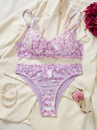 LilaBH-Set Dessous florale Stickerei Spitze Bügel-Tanga sexy Dessous Nachtwäsche