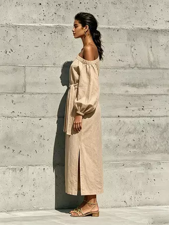 Casual Dress One Shoulder Puff Sleeve Belted Side Slit Maxi Loose Cotton Linen