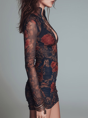 Minikleid im Vintage-Stil mit Blumenmuster transparentem Mesh-Einsatz Stehkragen Reißverschluss langen Ärmeln und figurbetontem Schnitt
