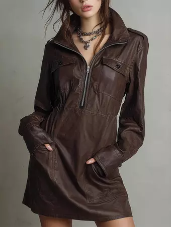 half leather dress Daily Dresses Faux Collar Zip Long Sleeve Drawstring Waist Pocket Mini Dress Maddie
