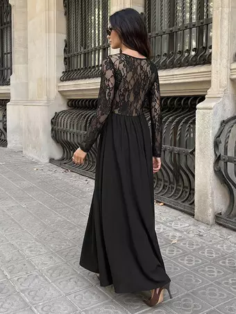 Date Night Dresses Maxi Dress Black Square Neck Lace Long Sleeve Cinched Waist A Line Elegant Dress
