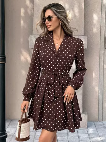 Date Night Dresses Mini Dress Polka Dot Print Collar V Neck Long Sleeve Belted A Line Vintage Dress