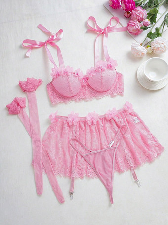 BH-Set Dessous Spitzenrock Strumpfhalter Push-up-BH Rüschen Schleife Babydoll Nachtwäsche