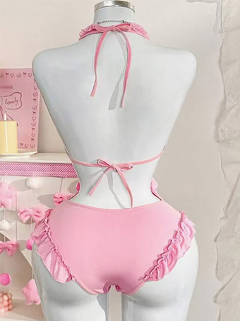 Teddy-Dessous rosa Neckholder-Body mit tiefem V-Ausschnitt offenem Rücken und Rüschenschleife Nachtwäsche