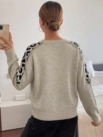 Hellgrauer Pullover mit Rundhalsausschnitt und Leopardenmuster langen Ärmeln Strick lässiger Look