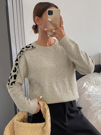 Khaki Hellgrauer Pullover mit Rundhalsausschnitt und Leopardenmuster langen Ärmeln Strick lässiger Look