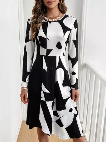 black and white abstract dress Daily Dresses Print Round Neck Long Sleeve Asymmetric Hem Midi Black Mermaid Satin Dresses graduation dresses college Mock Neck Mesh Overlay Dress | Sheer Formal Dress for Musicians (Size):S sleeve button