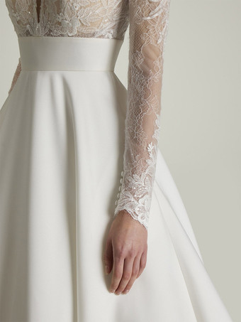 ヴィンテージウェディングドレス Vネック 長袖 フロア丈 レース ブライダルガウン