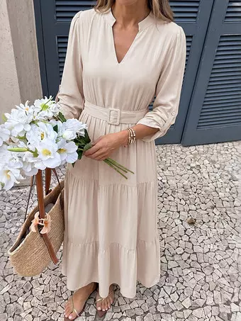 Daily Dresses Maxi Apricot Stand Collar V Neck Elbow Sleeve Belted Tiered A Line Dress