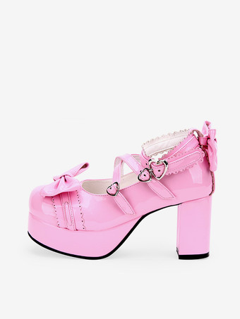 Blu navy Lolita Pony grosso tacchi scarpe piattaforma caviglia cinghie archi fibbie di forma del cuore